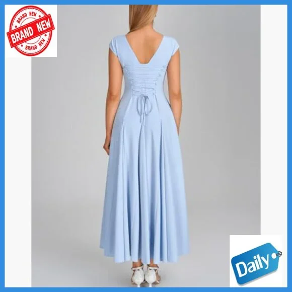 Women's Corset Maxi Dress Cap Sleeve Square Neck Lace Up Formal Midi